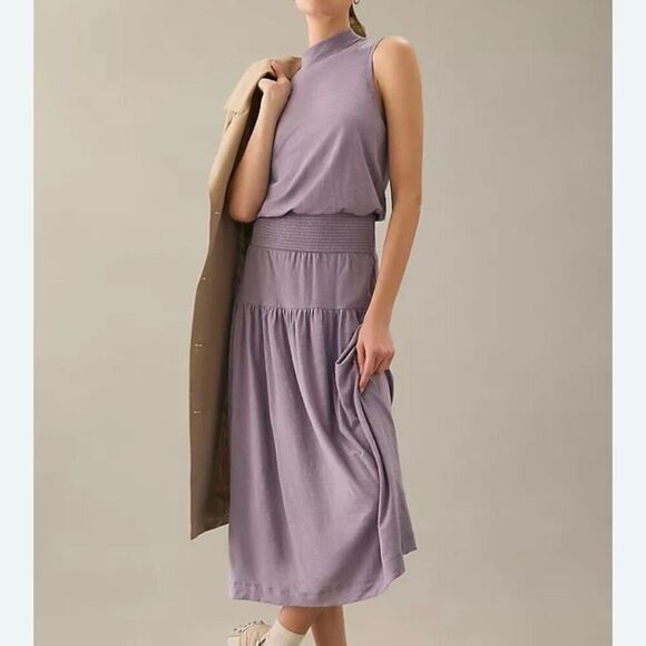 Nation LTD Lilac 100% Pima Cotton Drop Waist Mock Neck Midi Dress NWT Size Large - Picture 1 of 8